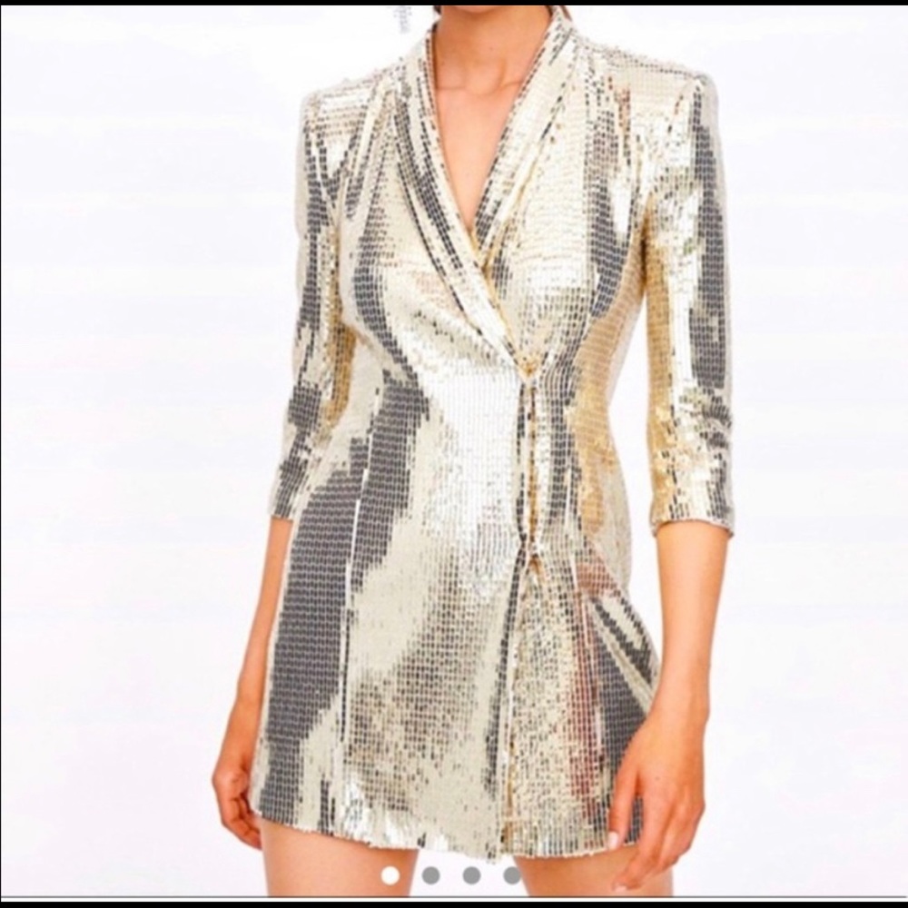 Gold Sequin Blazer Dress Zara Size M